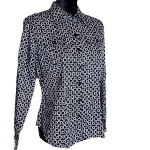 Anne Klein Button Down Shirt Womens Size 10P Black White Geometric Long Sleeve